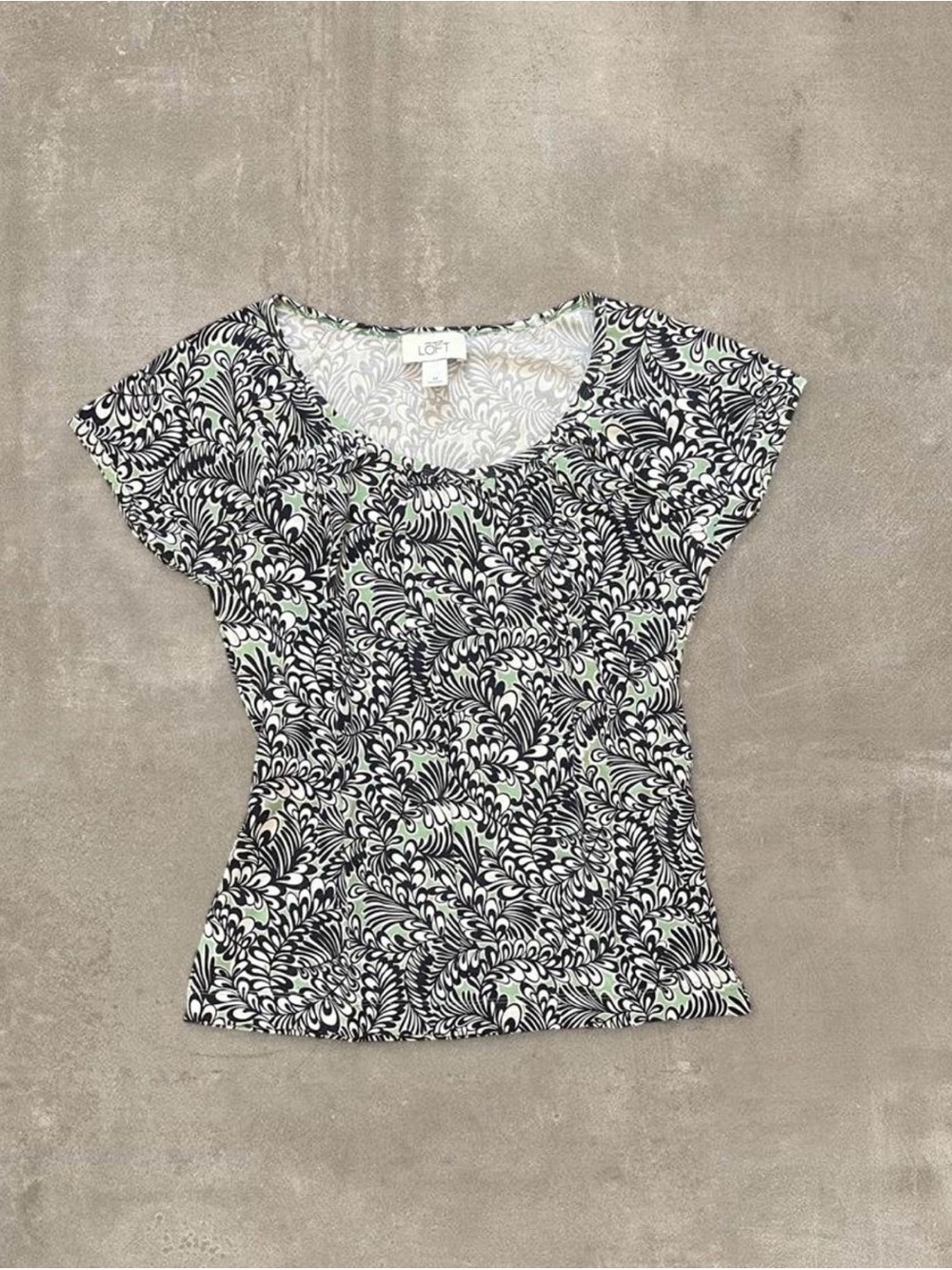LOFT Black and White Printed Scoop Tee with Subtle Mint Accents